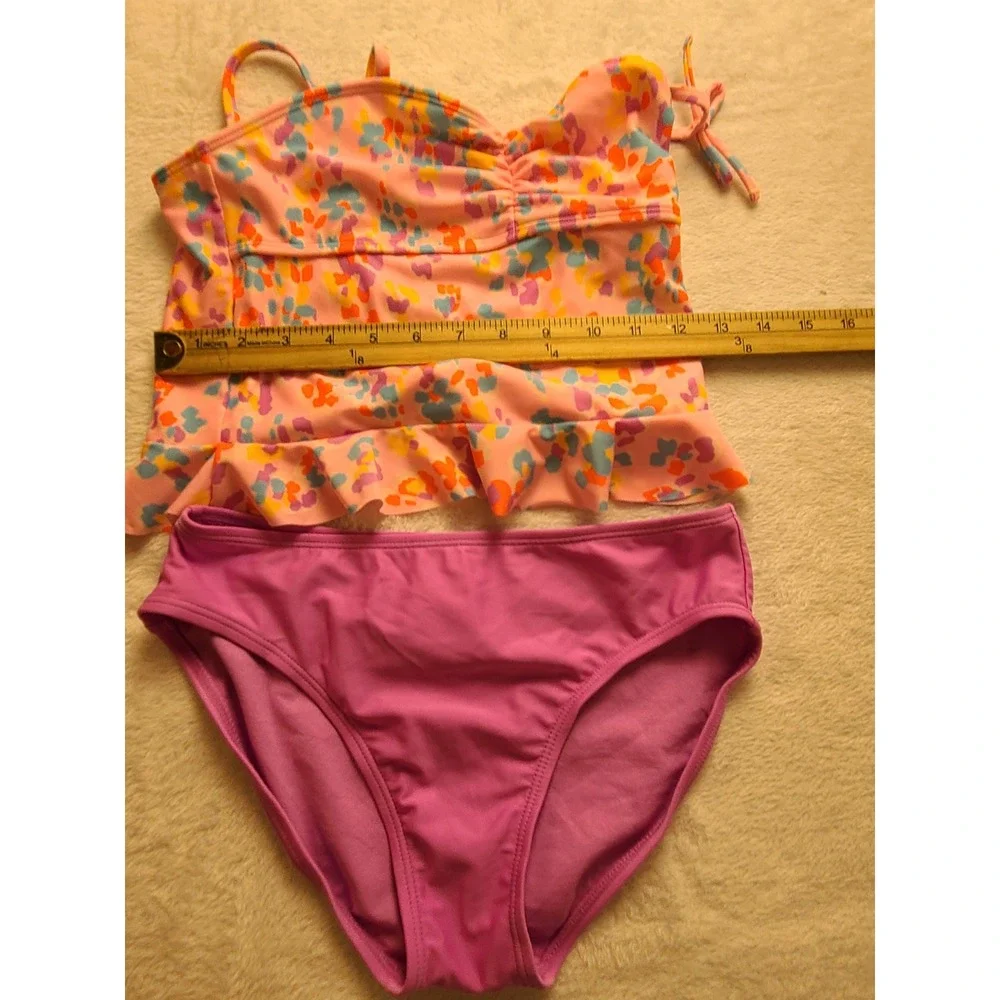 Cat & Jack Girls XL 14 Tankini Swimsuit Pink Abstract Floral Ruffle 2 Piece Set